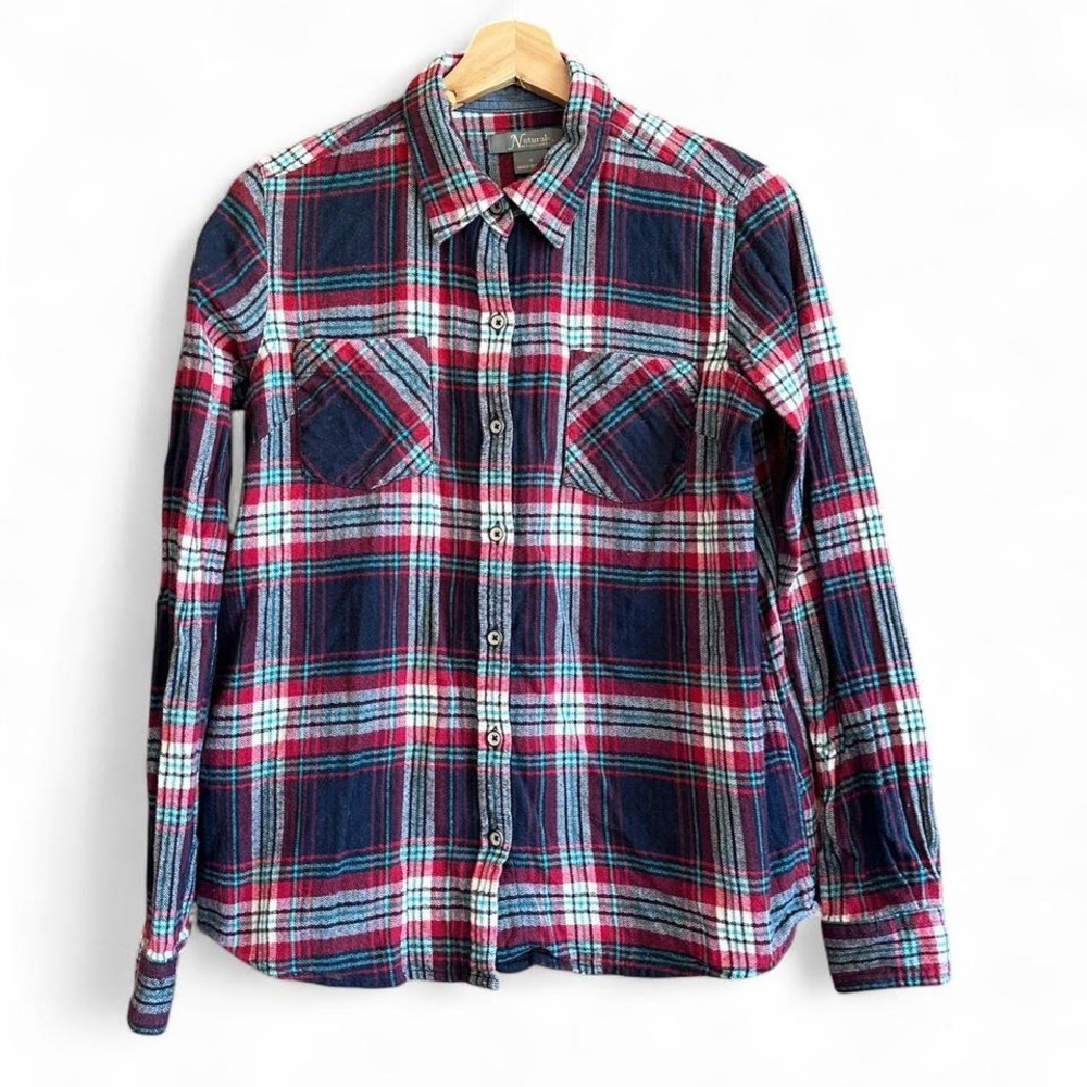 Natural Reflections Flannel 100% Cotton Blue Red Plaid Button Up Shirt Small